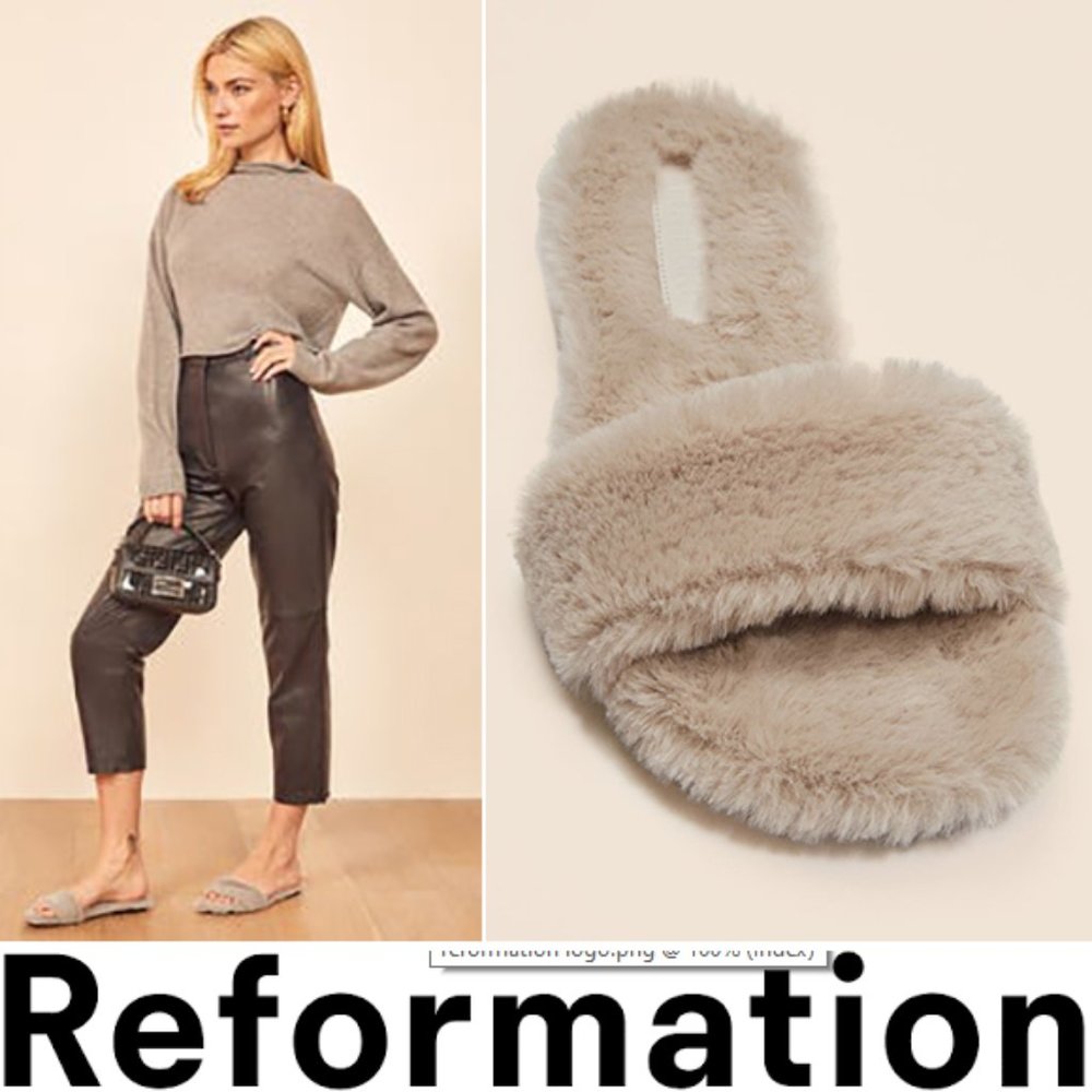 REFORMATION Lottie Flats Slide Slippers Size 5.5 Faux Mink Fur Grey NEW